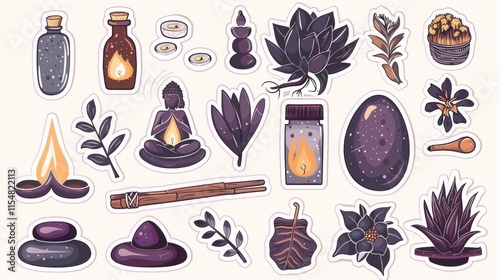 Hand-drawn yoga stickers set with meditation candles, spiritual symbols, herbal elements, and essential oils for mindfulness, self-care, and holistic wellness.