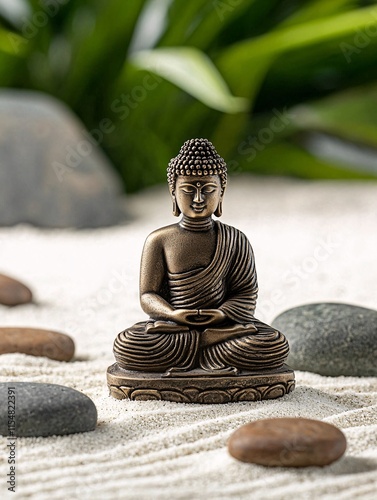 Buddha Statue in Bhumisparsha Mudra Tranquil Garden Sculpture Display Natural Setting Close-up View Spiritual Symbolism photo