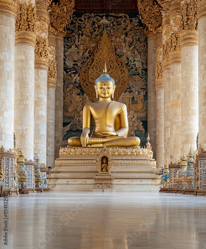 Golden Buddha Statue in Bhumisparsha Mudra Serene Temple Architectural Beauty Tranquil Environment Captivating Perspective photo