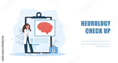 Neurology check up. Female doctor study brain diseases. Neurological therapy. Neuroscience concept. Vector illustration in flat cartoon style.