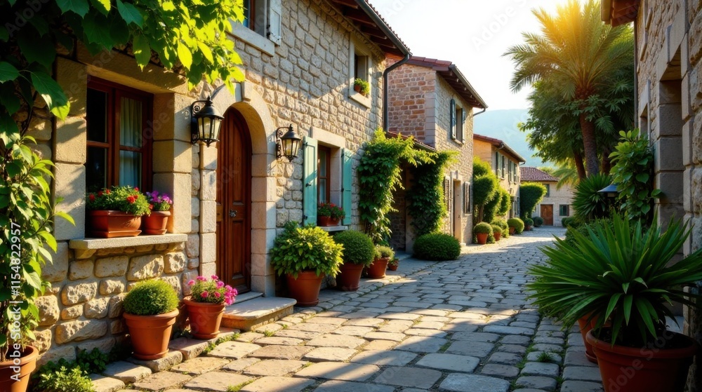 Fototapeta premium Sun-drenched stone houses line a charming cobblestone lane, adorned with lush greenery and vibrant flower pots, creating a picturesque and idyllic village scene.