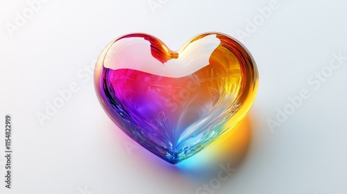 A vibrant rainbow-colored 3D heart with a glossy finish, glowing softly on a white background 