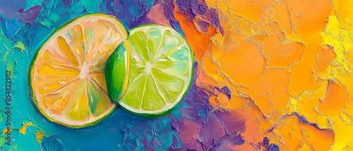 Lime and Orange Slices, Abstract Painting, Zesty Citrus, Vibrant Colors, Impasto Texture