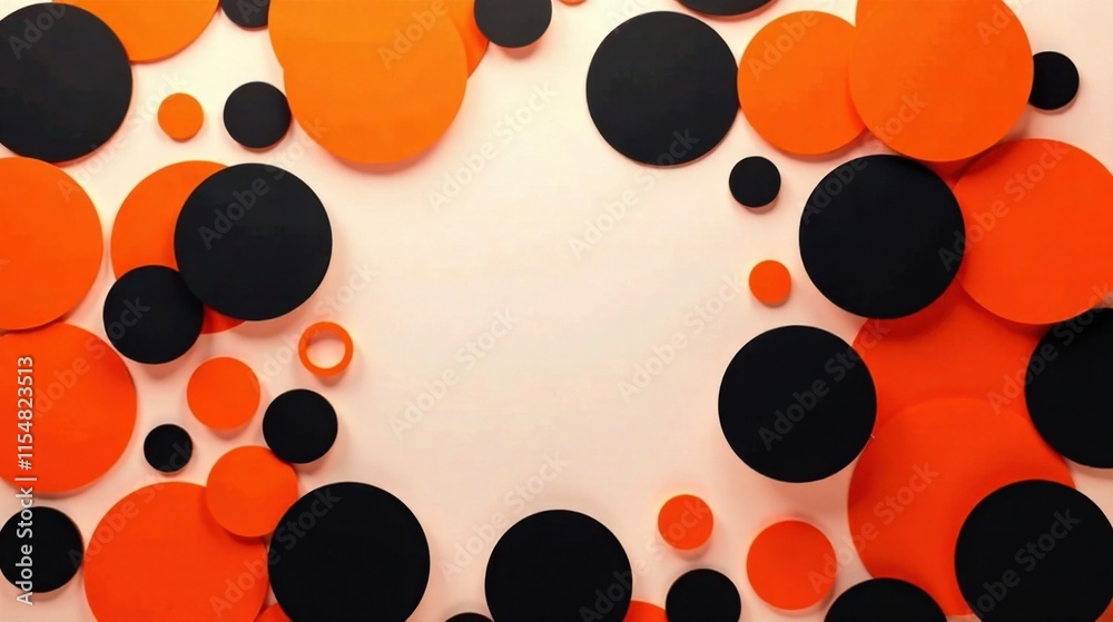 Fototapeta premium Abstract Background Featuring a Frame of Overlapping Orange and Black Circles on a Light Peach Surface