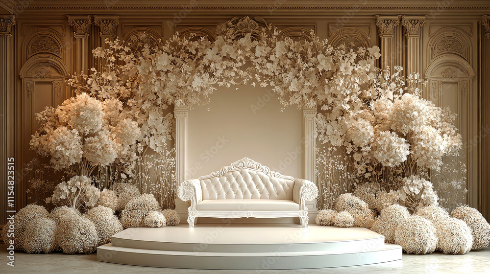 Obraz premium Elegant white wedding ceremony setup with ornate backdrop and floral decor.