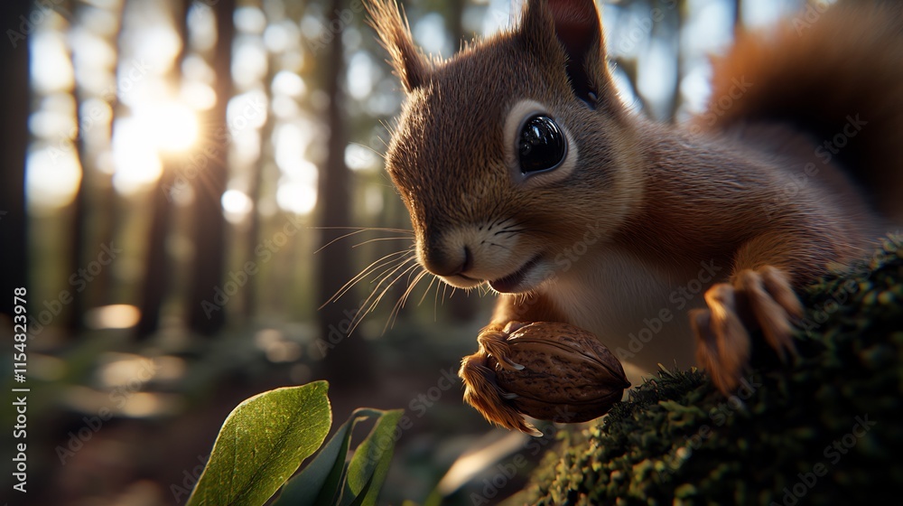 Obraz premium Close-up Portrait of a Red Squirrel Holding a Nut in a Forest