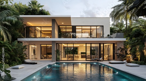 Modern luxury villa with pool tropical landscape real estate photography elegant atmosphere wide angle view home design inspiration
