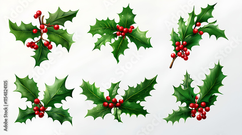 Collection set of Holly branches with leaves and berries, traditional natural green an Holidays ornaments isolated on white background