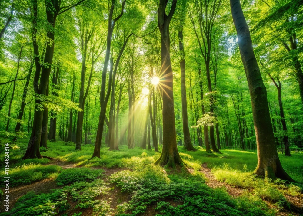 Fototapeta premium Nature's vibrant growth explodes in this sun-dappled forest, a photographer's dream.