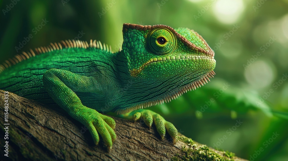 Close-up of a vibrant green lizard on a tree branch in nature Close-up of a vibrant green lizard on a tree branch in nature