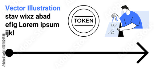 Man holding shopping bags, token icon, and straight arrow. Ideal for e-commerce, shopping, tokens, user journeys, purchases consumer behavior retail management. Landing page