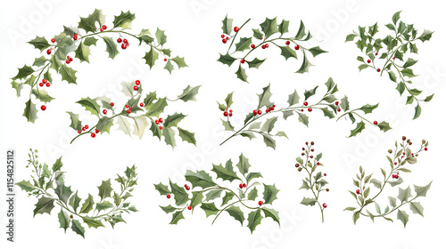 Collection set of Holly branches with leaves and berries, traditional natural green an Holidays ornaments isolated on white background