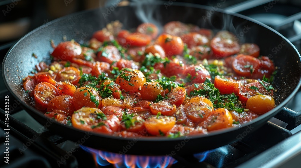 Sautéed tomatoes with herbs in a skillet. Sautéed tomatoes with herbs in a skillet.