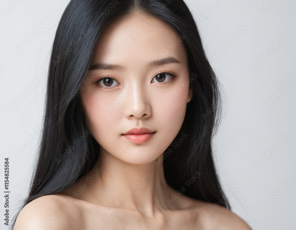 A Beautiful Asian Woman, Her face close up with smooth skin showing towards the camera on a White background. AI generated A Beautiful Asian Woman, Her face close up with smooth skin showing towards the camera on a White background. AI generated