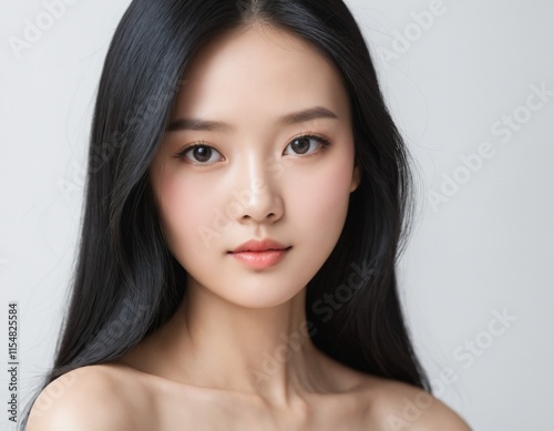 A Beautiful Asian Woman, Her face close up with smooth skin showing towards the camera on a White background. AI generated