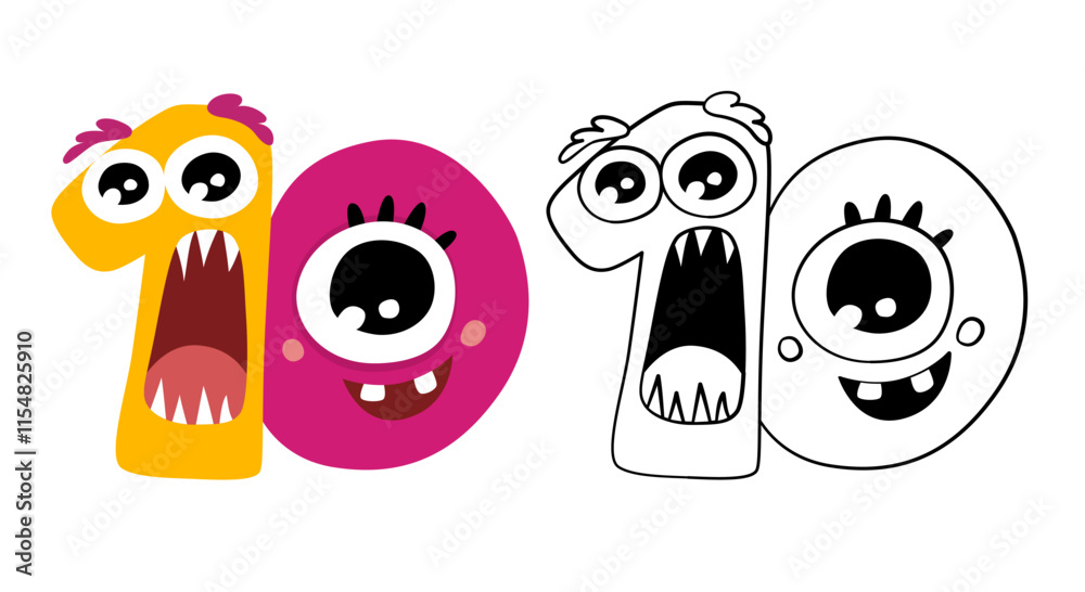 Fototapeta premium Vector illustration of cute monsters numbers. Color and outline cartoon image. Educational material for preschool children. Coloring book for kids. 