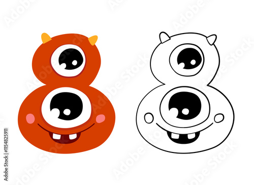 Vector illustration of cute monsters numbers. Color and outline cartoon image. Educational material for preschool children. Coloring book for kids.
