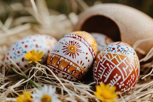 Experience the beauty of vibrant, handpainted Easter eggs nestled gently in soft straw, accompanied by lovely blossoms, capturing the essence of celebration and creativity during this joyful holiday