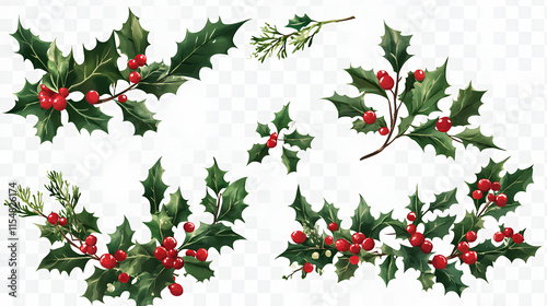 Collection set of Holly branches with leaves and berries, traditional natural green an Holidays ornaments isolated on white background