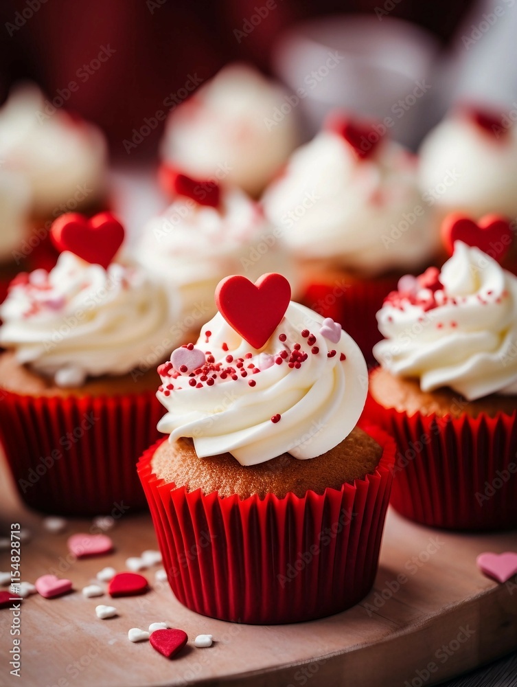 Valentine's Day-themed cupcakes with white frosting and red, high resolution 