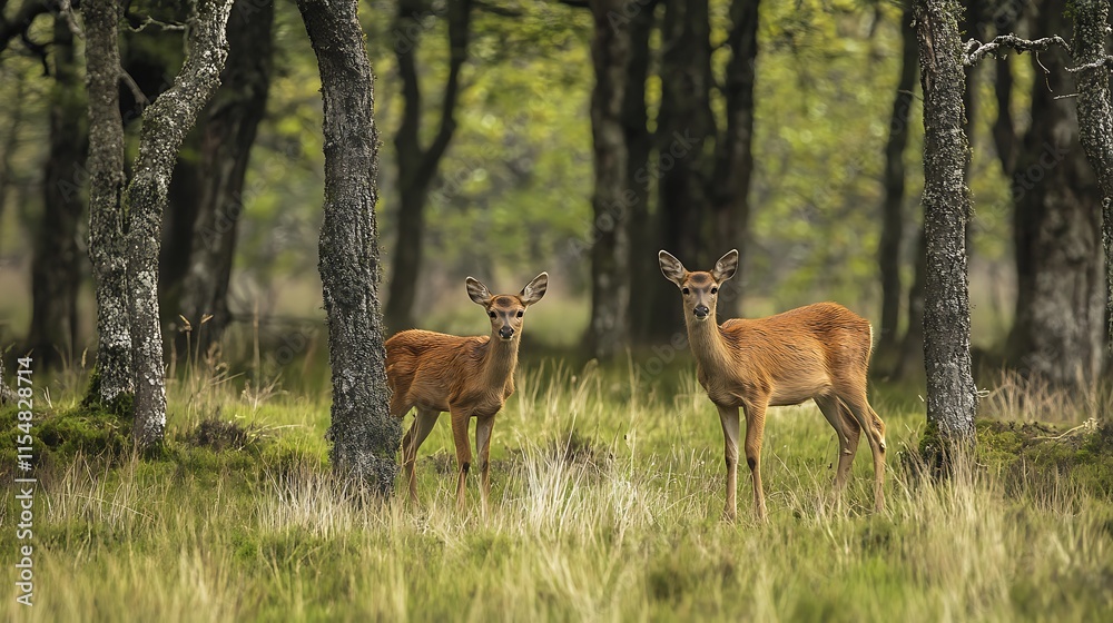 Two deer in a forest. Wildlife, nature, and conservation. Two deer in a forest. Wildlife, nature, and conservation.