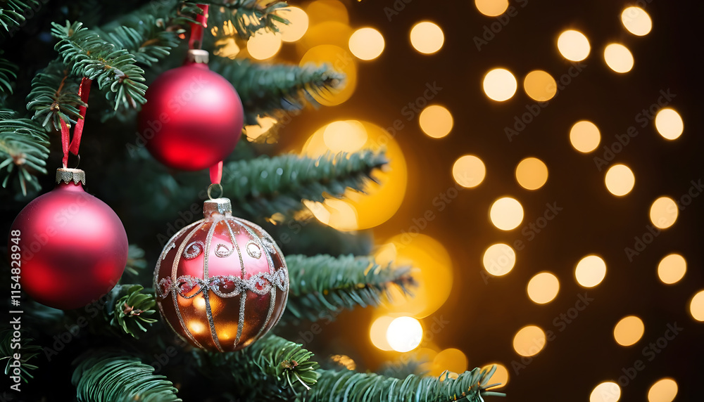 Festive Christmas Ornaments on a Tree with Golden Bokeh. Close-up of two vibrant red Christmas ornaments hanging from a lush green Christmas tree. Festive Christmas Ornaments on a Tree with Golden Bokeh. Close-up of two vibrant red Christmas ornaments hanging from a lush green Christmas tree.