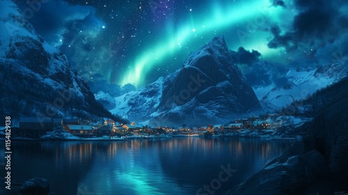 Norway- Lofoten Islands- Eggum- man standing on rock and watching northern lights photo