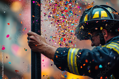 A firefighter sliding down a pole, with their hose spraying confetti instead of water