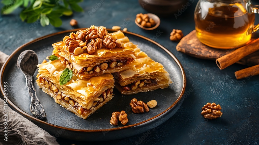 A rich sweet pastry made of layers of filo filled with chopped nuts and sweetened and held together with syrup or honey A rich sweet pastry made of layers of filo filled with chopped nuts and sweetened and held together with syrup or honey