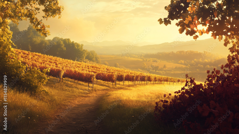 Fototapeta premium Golden Hour Vineyard Landscape: Autumn Wine Country Scene