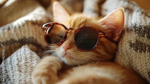 Adorable ginger kitten curled up in chic shades photo