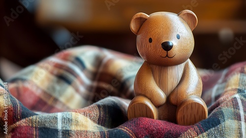 Antique inspired wooden bear toy minimalist design with smooth wood finish and visible grain sitting on vintage plaid cloth photo