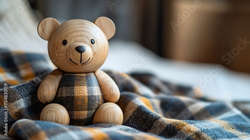 Antique inspired wooden bear toy minimalist design with smooth wood finish and visible grain sitting on vintage plaid cloth photo