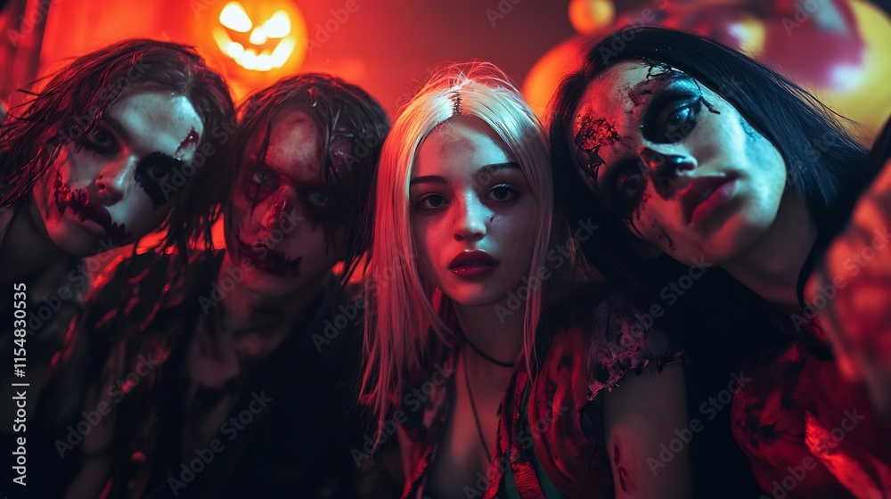 Obraz premium Halloween friends English costumes at a club event with a realistic poster and a dystopian theme