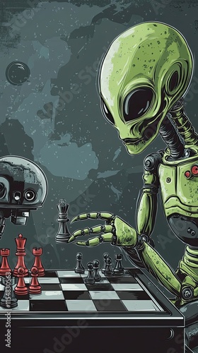 Alien Robot Plays Chess Against Robotic Opponent photo