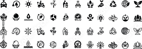 Ecology icon set. Environment, sustainability, nature, recycle, renewable energy, electric bike, Eco-friendly, forest, wind power, green symbol. vector illustration