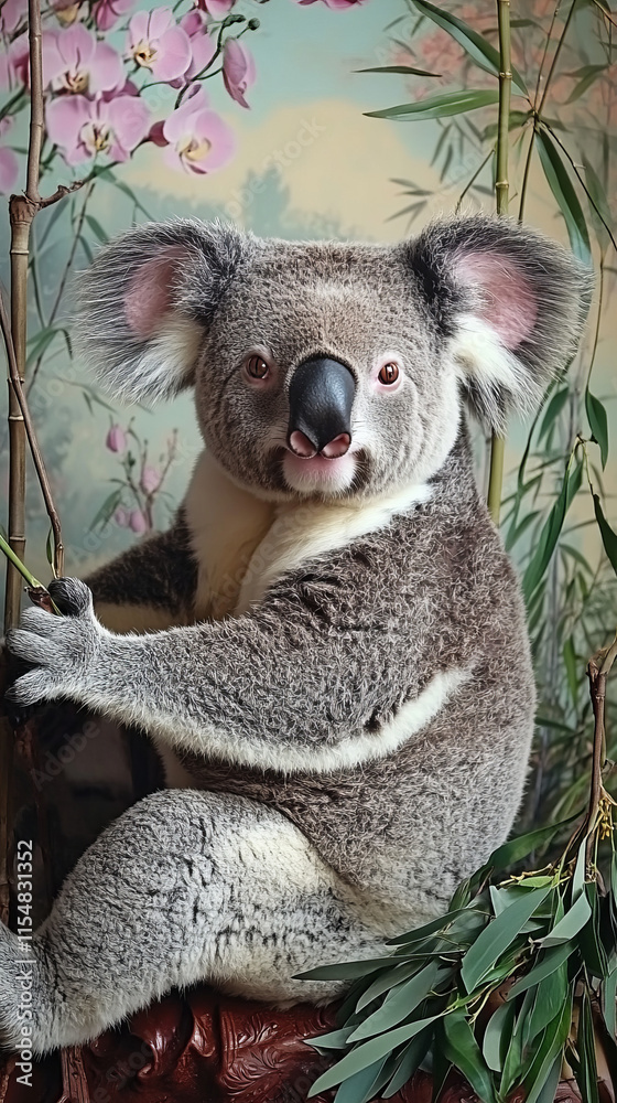 Fototapeta premium Majestic Koala Portrait: Fluffy Fur, Sharp Claws, Bamboo Orchid Background