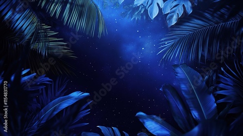 Blue Tropical Foliage with Ethereal Night Sky Background