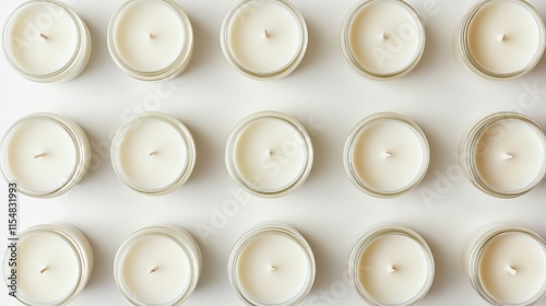 A top-view image of artisanal vegan candles in minimalist jars on a white background.--ar 16:9 photo