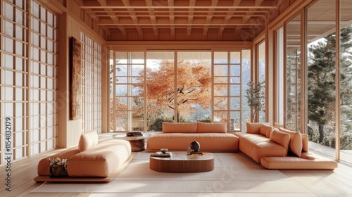 Living room designed in Japandi style, a combination of Scandinavian and Japanese design. The light peach colors of the furniture blend in a subdued way with the light wood of the floor. 3D render  photo