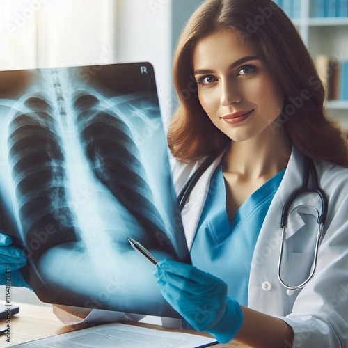 216 A woman doctor examining an X ray of a patient's lungs Izobr photo