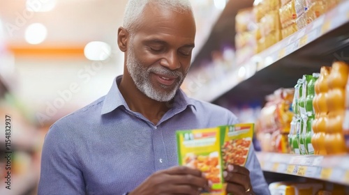 A customer reads nutritional labels on a colorful package in a grocery aisle filled with neatly organized items. The atmosphere is bright and inviting photo