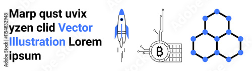 Rocket launching upward, Bitcoin network with digital circuit, hexagonal blockchain diagram. Ideal for tech startups, cryptocurrency, fintech, blockchain, digital marketing, innovation, technology