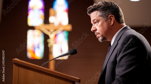 A preacher in a dark suit leans intently over a wooden podium, passionately speaking into a microphone with stained-glass windows and a cross behind him
