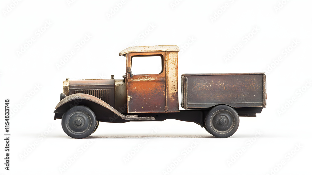 Fototapeta premium vintage rusty toy truck model side view isolated on white background