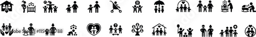 Family icon set. Containing parents, mother, father, children, baby, grandparents and household icons collection. Vector illustration.