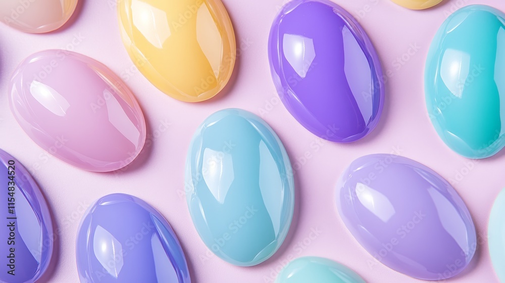 Close-up view of neatly arranged pastel nail decorations in almond shape, exhibiting a French style on a white surface accented by a soft shadow Close-up view of neatly arranged pastel nail decorations in almond shape, exhibiting a French style on a white surface accented by a soft shadow