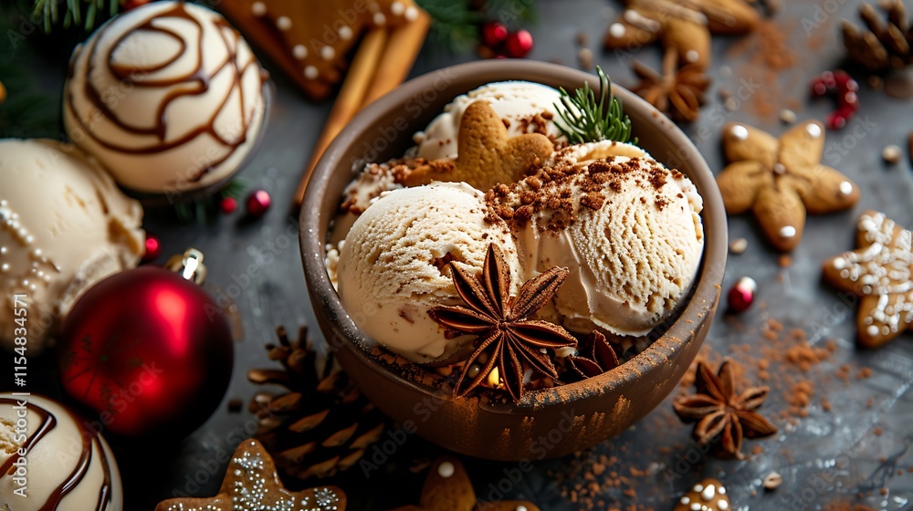 Gingerbread ice cream on festive holiday themed table Gingerbread ice cream on festive holiday themed table