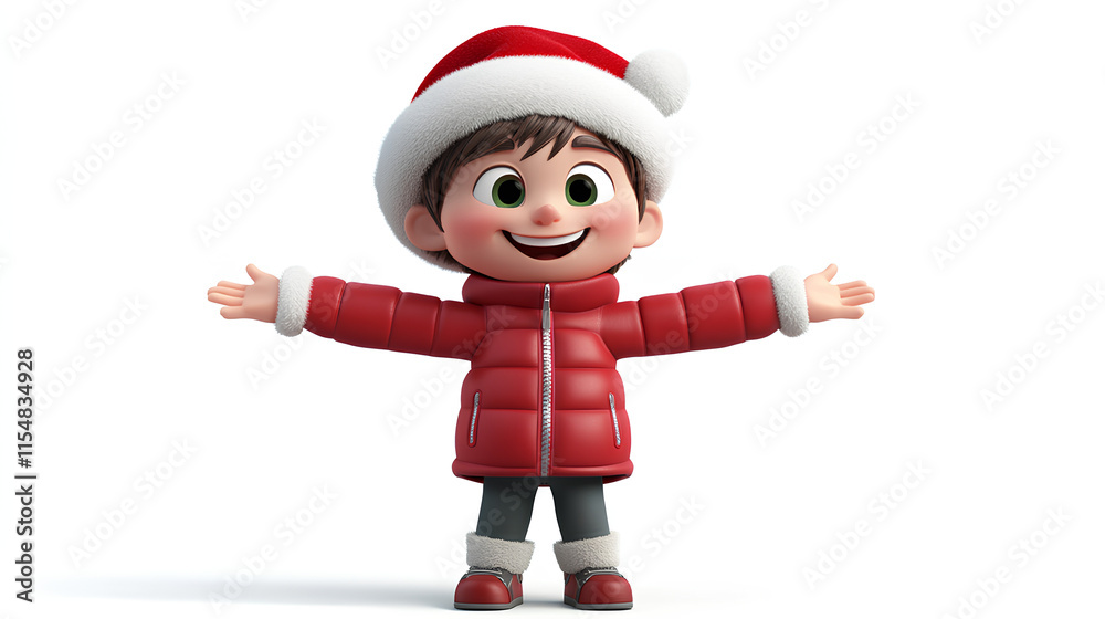 character wearing a Santa hat and a red winter jacket, with a cheerful expression. Cartoonish style suitable for festive-themed projects. Isolated on white background character wearing a Santa hat and a red winter jacket, with a cheerful expression. Cartoonish style suitable for festive-themed projects. Isolated on white background