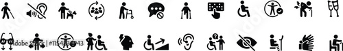 Disability icon set. Containing wheelchair, accessibility, blind, broken leg, disabled, assistance and deafness icons. Vector illustration